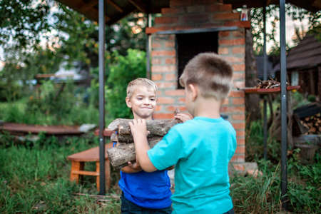 Alternative fuel for heating and fireplace. Two handsome boys holding stock of wooden log and talking about their man business, happy summertime, outdoor lifestyleの写真素材