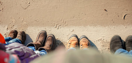 Family enjoying winter together, kids with parents walking on the beach in winter, cold temperature and sunny day, love keep you warm, happy real people. Outdoors lifestyleの写真素材
