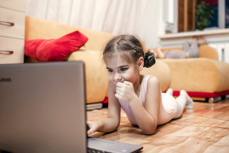 Online hobby, fitness, distant training. Young ballerina talking with dance classmates in internet...