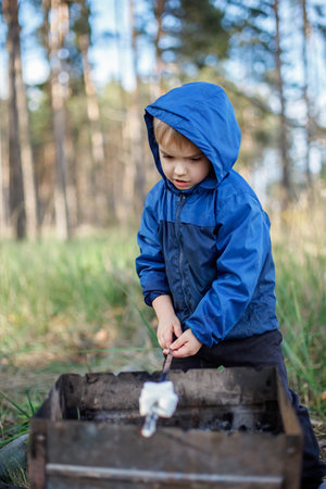 New normal escape step, wild nature walking and family outdoor recreation. Kids having fun and have a rest on the fresh air, hike at weekend, lifestyleの写真素材