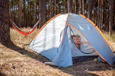 Kids having rest and fun in the tent at campsite on the beach among wild forest, active lifestyle, family recreational weekend, happy summertime, stay and explore local, outdoorの写真素材