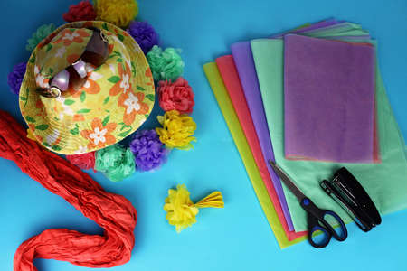 Sunglasses, summer scarf, hat and Hawaiian garland with paper flowers, party decoration, vacation...
