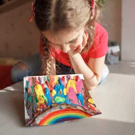 School girl drawing rainbow with melted crayon pencils, she using blow dryer and wax stars to melt, abstract art for kids with, original idea for social media campaign for  preventionの写真素材