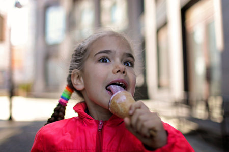 Pretty little girl in pink coat eating an ice-cream in the city street, spring outdoor lifestyle