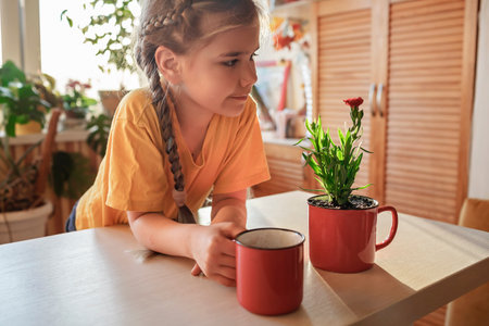 Preteen girl drinking coffee and enjoying green blooming flower replanted in usual red mug, home floral decor, home gardening and slow living concept, potted green plants at homeの写真素材
