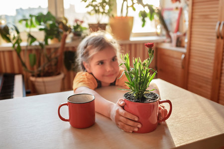 Preteen girl drinking coffee and enjoying green blooming flower replanted in usual red mug, home floral decor, home gardening and slow living concept, potted green plants at homeの写真素材