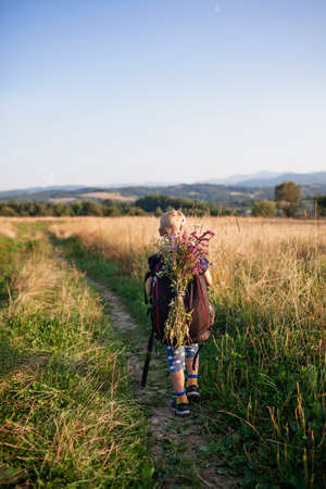 Little hiker with backpack comes from the mountain and carries a bouquet of wildflowers that he collected for his mother, path among wheat, gorgeous landscape, beauty of nature, view from behindの写真素材