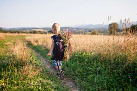 Little hiker with backpack comes from the mountain and carries a bouquet of wildflowers that he collected for his mother, path among wheat, gorgeous landscape, beauty of nature, view from behindの写真素材