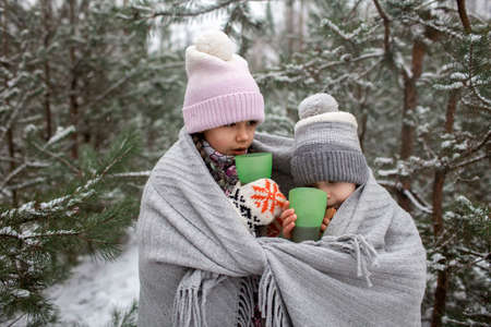 Happy kids with cup of tea covered with plaid during winter picnic in forest on snowing day, outdoor walking, excited family in warm clothesの写真素材