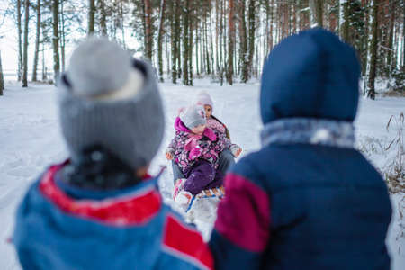 Happy friends have fun in wonderland, little two boy pulls a sledge with sisters across snow-covered winter forest, outdoor family weekend at snowing dayの写真素材