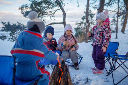 Family winter picnic. Happy friends sit around campfire on the shore of frozen lake in forest and fry marshmallows during a winter trip at weekendの写真素材
