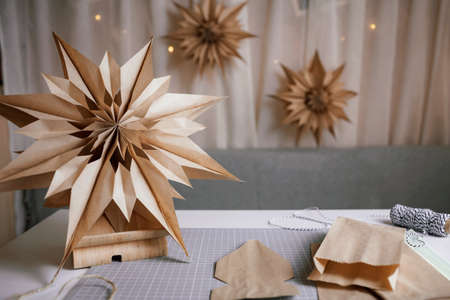 3D DIY paper bag stars with brown paper lunch bags, craft Christmas paper decoration, tutorial....