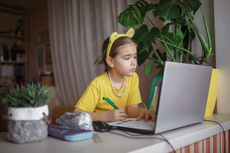 Distant education. Attentive schoolchild studying homework during online lesson at home, social distance during quarantine, self-isolation, communication via internetの写真素材