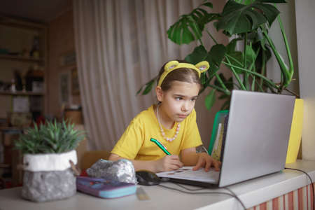 Distant education. Attentive schoolchild studying homework during online lesson at home, social distance during quarantine, self-isolation, communication via internetの写真素材