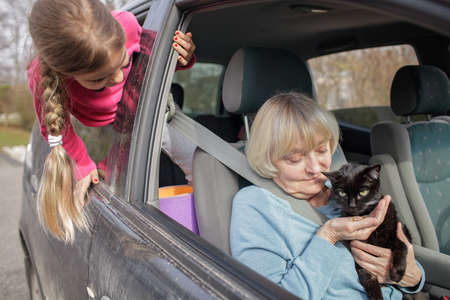 Women with kids driving by car together with their pet. Family adventure and travel. Rules of border crossing with animals. Concept about love and care for animalsの写真素材