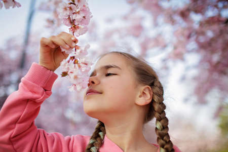 Preteen girl smells blooming branch of sakura while walking in blossom garden and rejoices in coming of spring. Happy springtime vibes. Outside lifestyle. Beauty of nature. Active life in any seasonの写真素材