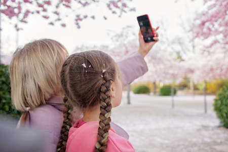 A senior woman with her grandchild takes a photo with blooming branch of sakura during walking in the spring garden. Happy spring vibes. Active life in any season, age and weatherの写真素材