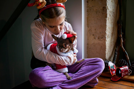 A young girl holds cute little dog in red hat in her arms and looks out the window waiting for miracle from Santa, Christmas tradition and celebration at home, magic timeの写真素材