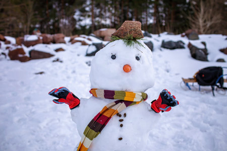 Happy boy stands behind the snowman and gives thumbs up, as if the snowman is doing it. Friend made of snow. Seasonal family weekend, active authentic lifestyleの写真素材
