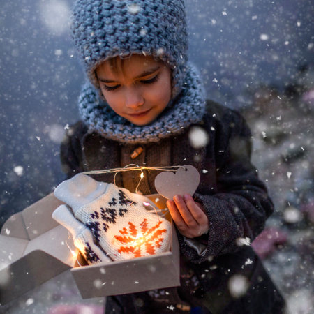 Little pretty girl in knitted grey hat opening a crafted gift box with a new pair of gloves. Baby, it is cold outside, white snowfall and cold weather, outside lifestyle portraitの写真素材