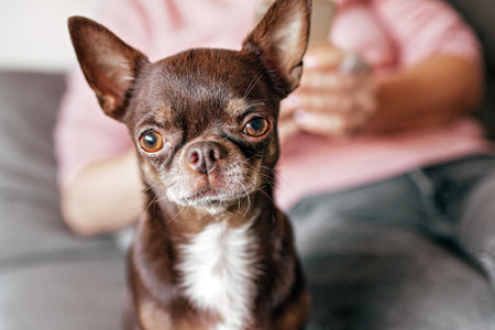 Portrait of a funny short-haired brown dog Chihuahua with different expressive emotions. Space for text, close-up. Can be used as emoji or to advertise any product for dogsの写真素材