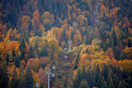 Cable cars hang motionless above a forest in the French Alps, displaying the rich colors of autumn during the quiet off-season. Travel and active lifestyle. Peaceful calm retreat in downtime.の写真素材