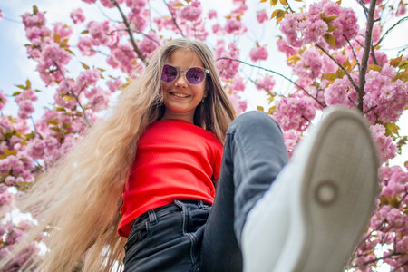 A cheerful girl steps forward with a playful pose under a canopy of pink blossoms, her sunglasses reflecting the springtime sky.の写真素材