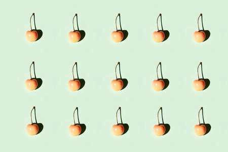 Pattern from yellow pink sweet cherries berries with hard light on green background