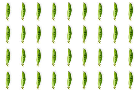 Flat lay natural light green snap peas isolated on white patternの写真素材