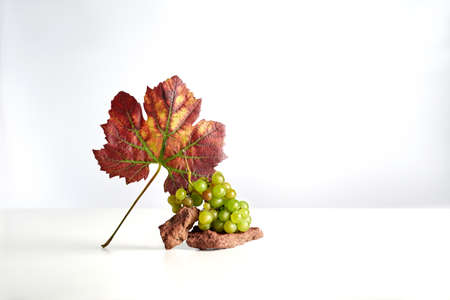 Red and green and yellow grape leaf, green grape and stone on the whiteの写真素材