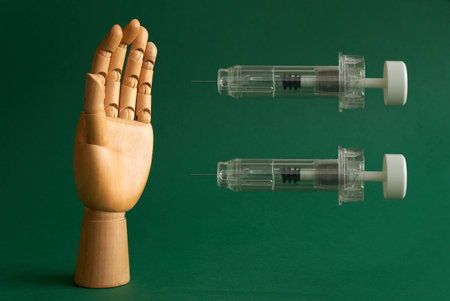 Wooden left hand and two injectors on dark green background. Creative concept. High quality photoの写真素材