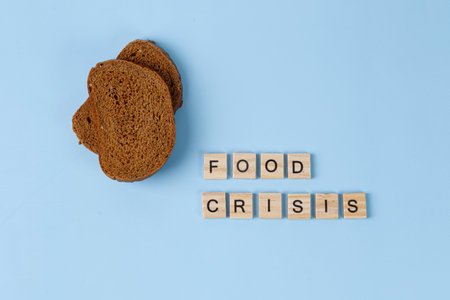 World food crisis concept, export, import. The issue of harvest in the world, the impact of sanctions. Title, blue background, bread.の写真素材