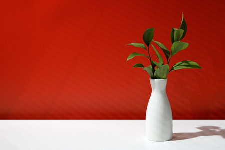 Empty scene, mock up with vase with green leaves. Blank, minimal background for product presentation with window blind shadow, light. red wall. design template.の写真素材