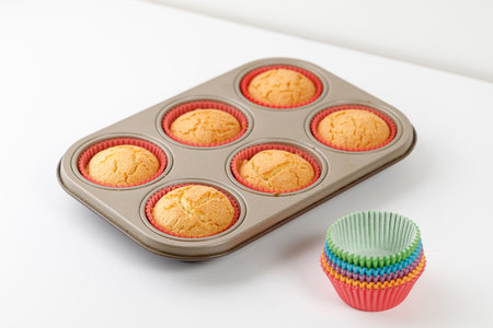 Cooking muffins. Cupcakes in baking dish, pan, tray. Metal muffin baking dish with colored paper...