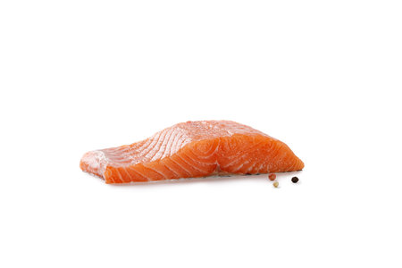 salmon. Fresh raw uncooked salmon fillet fish, slice, steak with rosemary and pepper isolated on white background with clipping path, cut out. set or collection.の写真素材