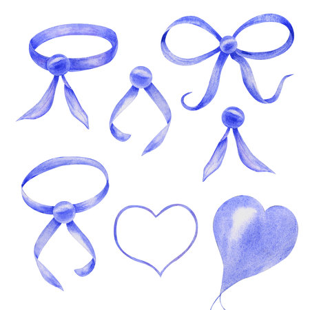 Set of blue bow and hearts in watercolor style isolated on white background. Design element for decorating gifts, flower bouquets, cards, congratulations. Birthday, woman's day, Valentine's dayの写真素材