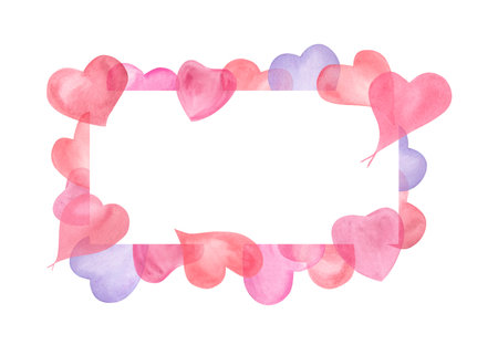 Square frame with watercolor pink, blue hearts isolated on white background. For greeting card design, invitation template, Valentine day, birthday, wedding, mother day cards.の写真素材