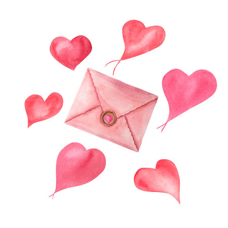 Watercolor romantic hearts with love letter isolated on white background. For Save the date, Valentines day, birthday and mothers day cards, wedding invitation, postcardの写真素材