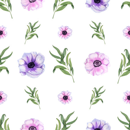 Watercolor seamless pattern of anemones with eucalyptus isolated on a white background. For Valentine day, wedding invitation, birthday, mother day cards, poster, textile, printの写真素材