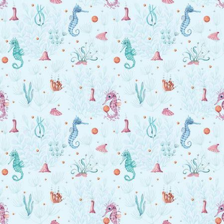 Watercolor underwater seamless pattern of seahorse, laminaria and coral. Underwater animals and plants isolated on white background. Illustration for design, print or background.の写真素材