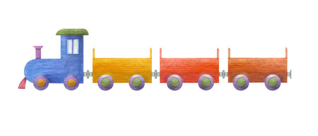 Watercolor illustration of a set of kid wooden train isolated on white background. Nursery, Kids Room Decor. Eco-friendly materials Child Toys. Print, poster, background, decorの写真素材