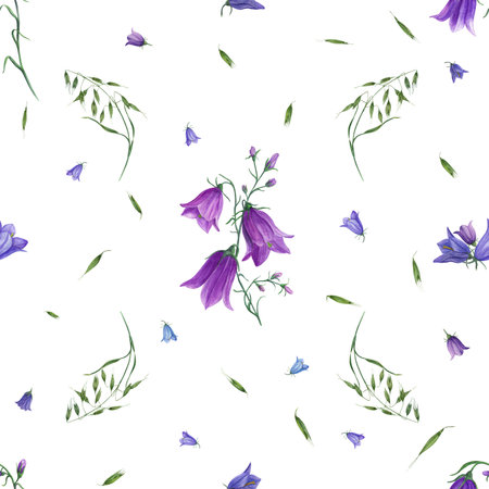 Watercolor seamless pattern of bluebells, wild oats isolated on white background. For postcard, poster, scrapbooking, background, prints, wallpaper, fabric, textile, wrapping.の写真素材