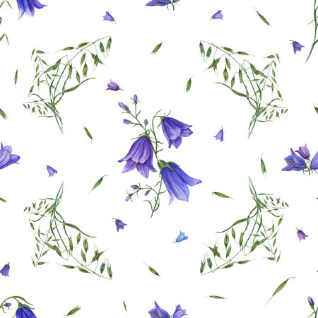 Watercolor seamless pattern of bluebells, wild oats isolated on white background. For greeting card design, invitation template, background, prints, fabric, textile, wrapping.の写真素材