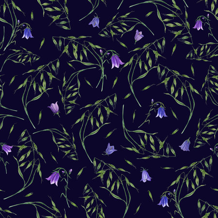 Watercolor floral seamless pattern of bluebells, wild oats isolated on dark blue background. For postcard, poster, invitations, background, prints, wallpaper, textile, wrapping.の写真素材