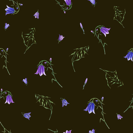 Watercolor floral seamless pattern of bluebells, wild oats isolated on dark background. For postcard, poster, scrapbooking, invitations, background, fabric, textile, wrapping.の写真素材