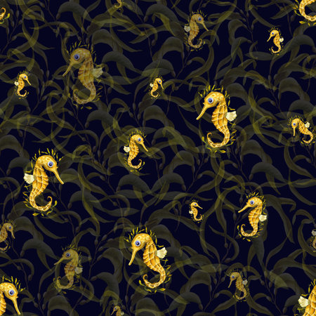 Watercolor seamless pattern of yellow seahorses, seaweeds isolated on dark background. Print, design, poster, banner, background, decor, wallpaper, fabric, textile, wrapping.の写真素材