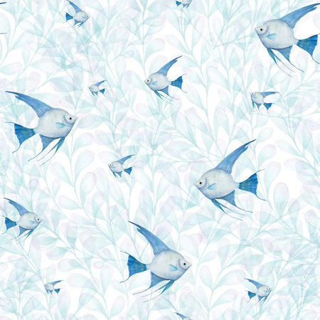 Watercolor seamless pattern of blue angelfish isolated on background of seaweeds. For greeting card design, menus, background, prints, wallpaper, fabric, textile, wrapping.の写真素材