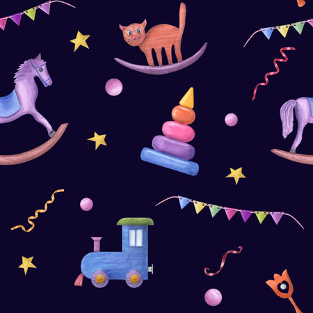 Watercolor seamless pattern of wooden block buildings isolated on dark background. Hand painted illustration for children print, poster, decor, wallpaper, wrapping, fabric, textileの写真素材