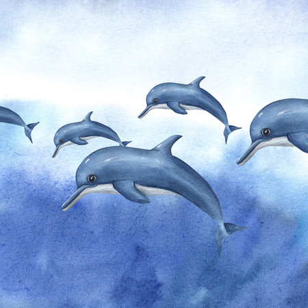 Watercolor cartoon swimming dolphins isolated on white background. Sea illustration can be used for kids room decor, kids print, poster, pattern, stickers, wallpaper, wrappingの写真素材