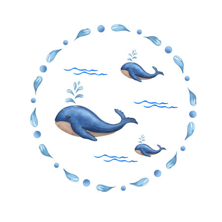 Watercolor illustration of a whale isolated on white background. Print, design, poster, banner, background, menus, souvenirs, decor, wallpaper, fabric, textile, wrapping.の写真素材